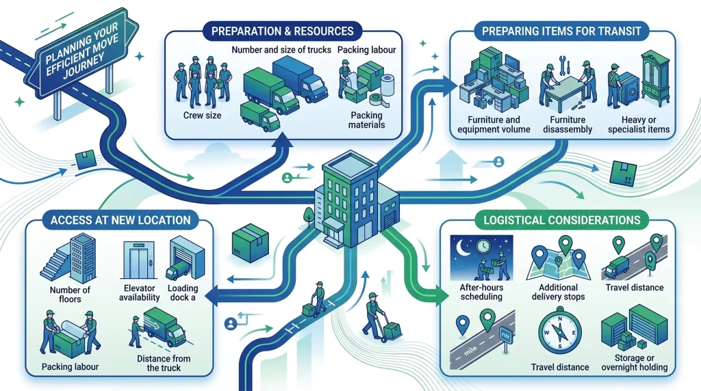 Infographic showing how crew size, truck requirements, packing, building access, travel, storage and scheduling affect a commercial moving estimate.