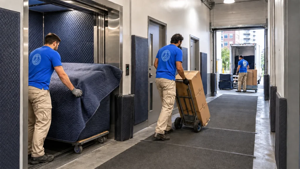 Moving crew using a condo service elevator in Ottawa
