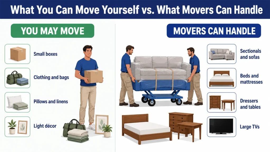 A resident carries small boxes while movers handle the heavier furniture