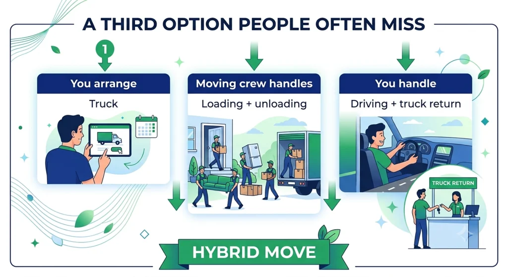 Hybrid move showing the customer arranging the truck while movers handle loading and unloading