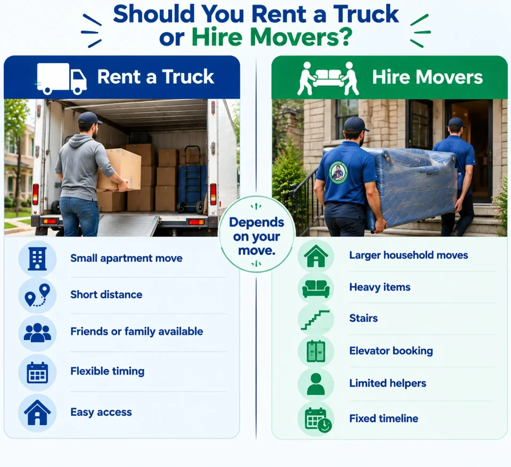 Decision guide comparing situations where renting a truck may work better versus when hiring movers may be more suitable for a household move