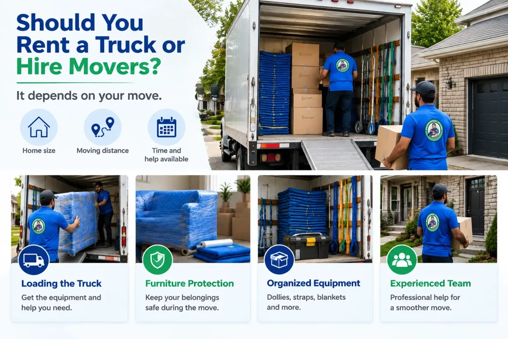 Infographic comparing renting a moving truck and hiring professional movers based on home size, moving distance, and available time and help.