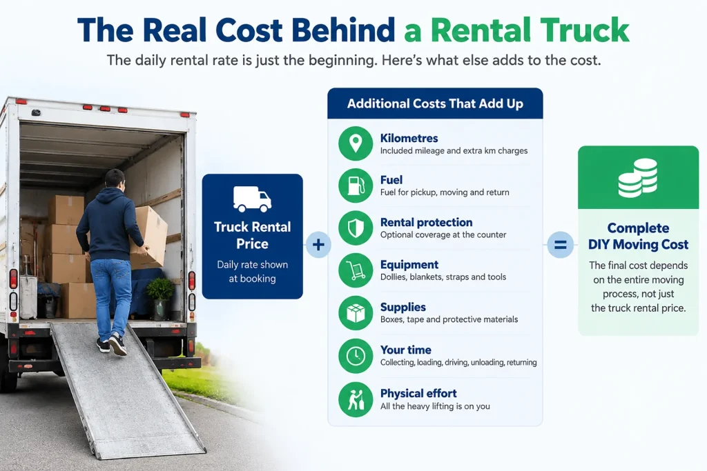 Infographic explaining additional costs involved in a rental truck move, including fuel, kilometres, equipment, supplies, time, and physical effort.