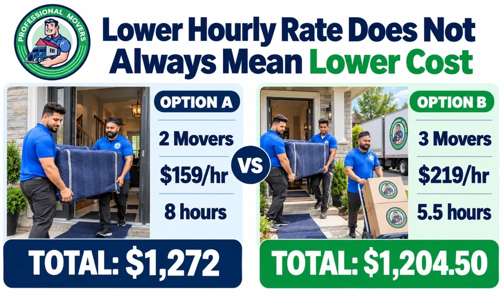 Moving cost comparison showing how a larger moving crew with a higher hourly rate can sometimes complete a move faster and result in a lower total labour cost.