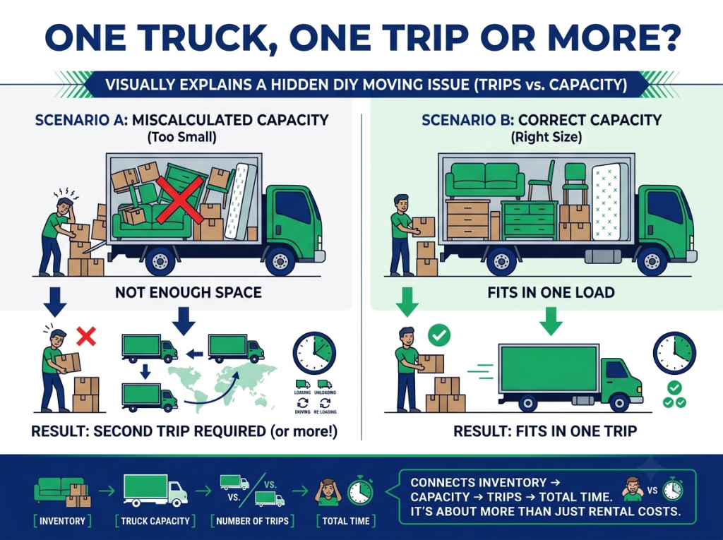 Moving truck comparison showing how the right truck size can fit everything in one load while a smaller truck may require a second trip