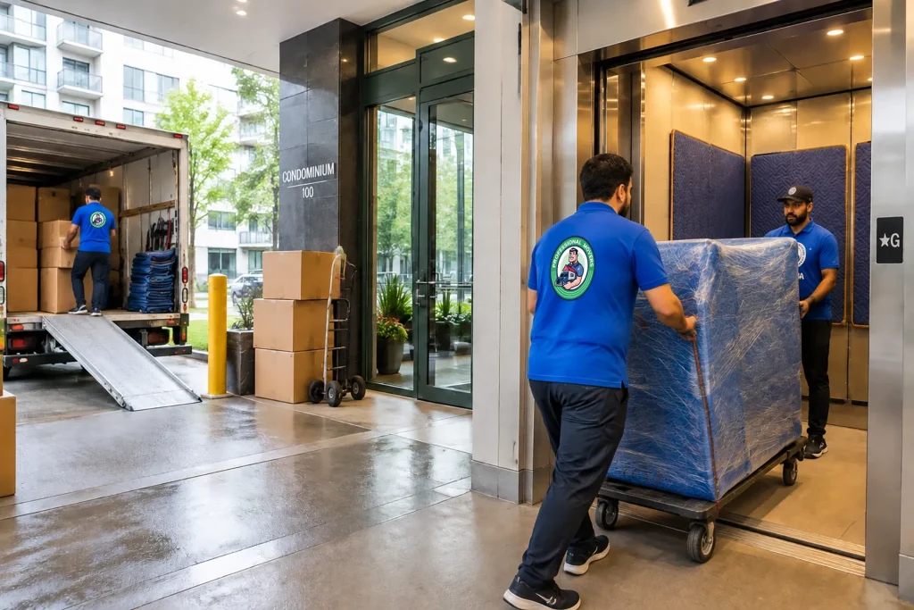 Professional movers using a dolly to move wrapped furniture into a condo elevator during a residential move.