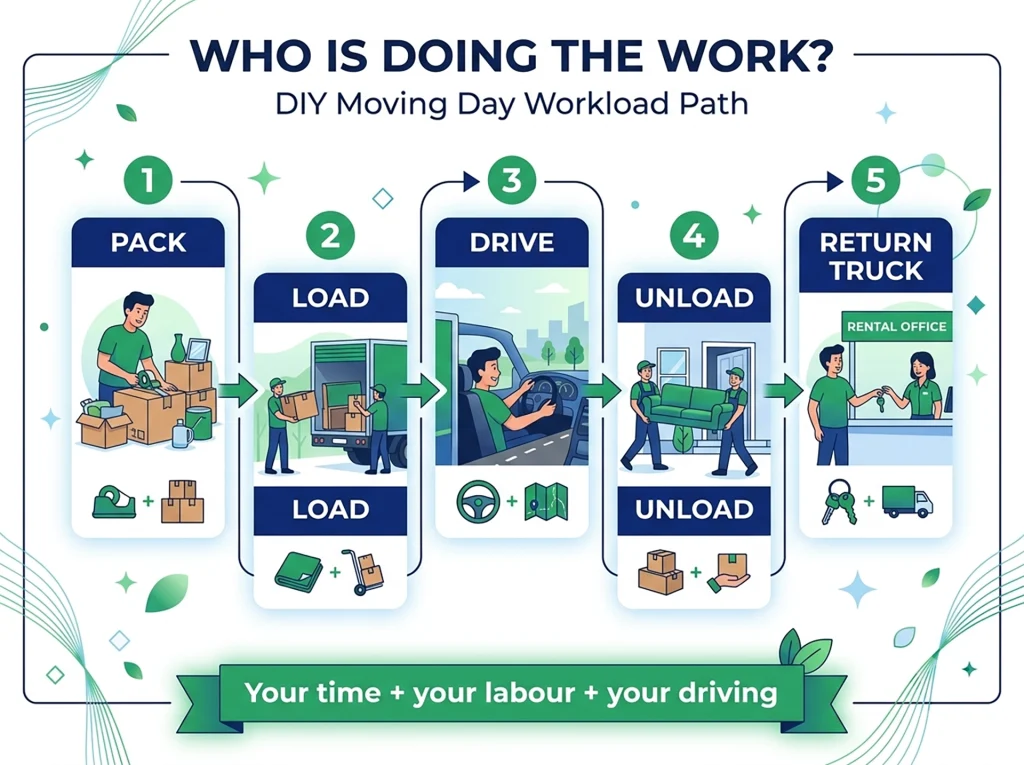 DIY moving day shown from packing and loading through driving, unloading and returning the rental truck