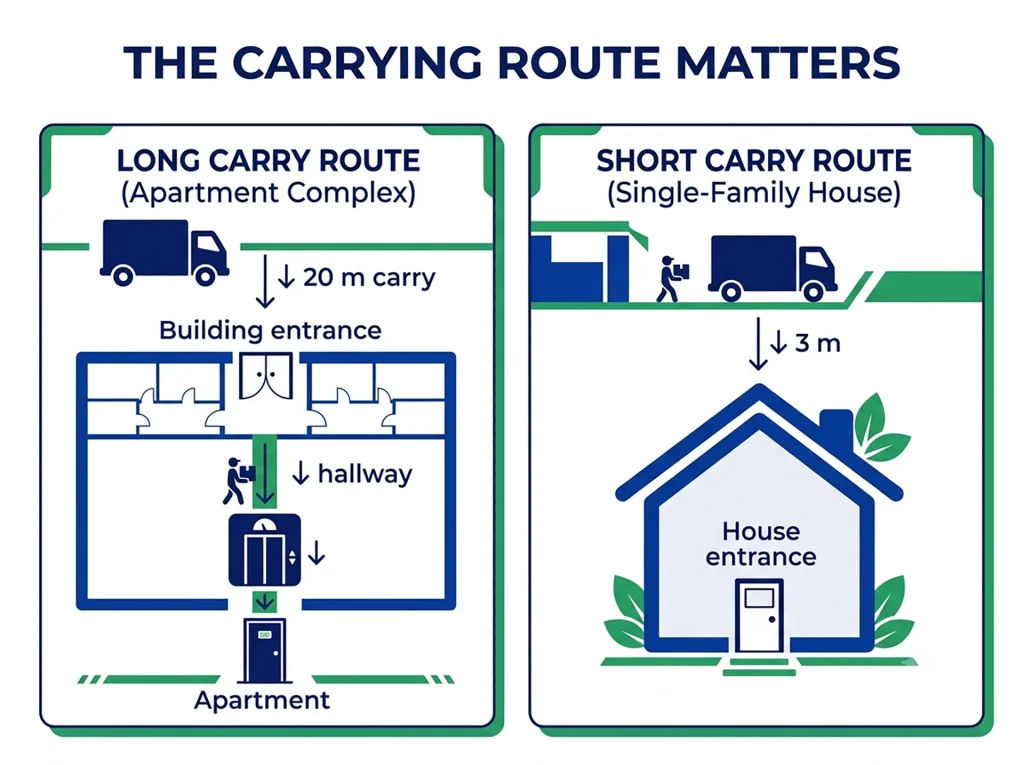 Moving access diagram comparing a 20-metre carry to a shorter 3-metre route from the truck to the entrance