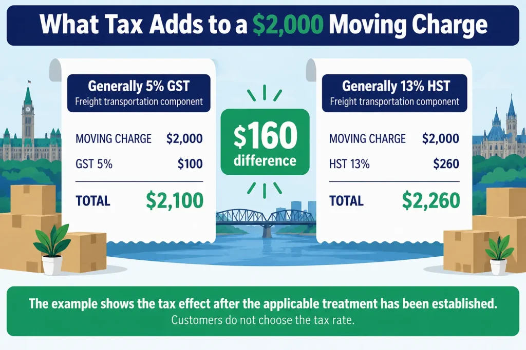 Example comparing a $2,000 moving charge with 5% GST and 13% HST to show the difference in the final total