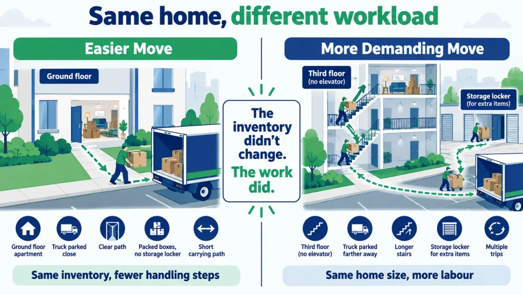 Same apartment move compared with easy ground-floor access and a third-floor walk-up