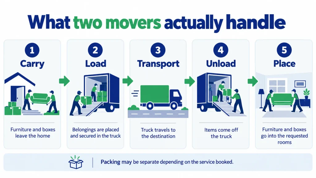 Two-person moving crew carrying, loading, transporting and unloading household belongings